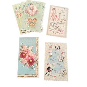 Vintage Lot of 7 Birthday Cards 50's 60s‎ Parchment Paper Floral Dogs Cats New